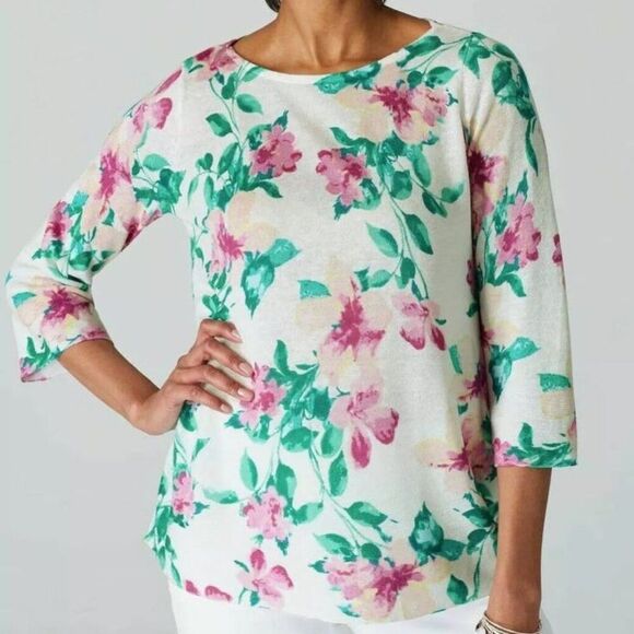 J Jill Floral Linen Blend Sweater Pink Green Size Large 3/4 Sleeve Flowy - Picture 2 of 8